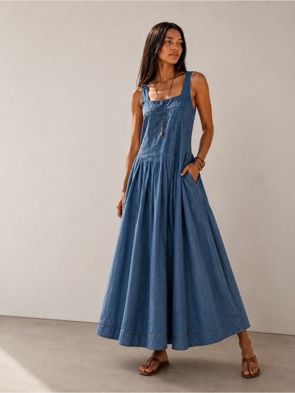 #111 New Denim Maxi Dress with Square Neckline and pockets